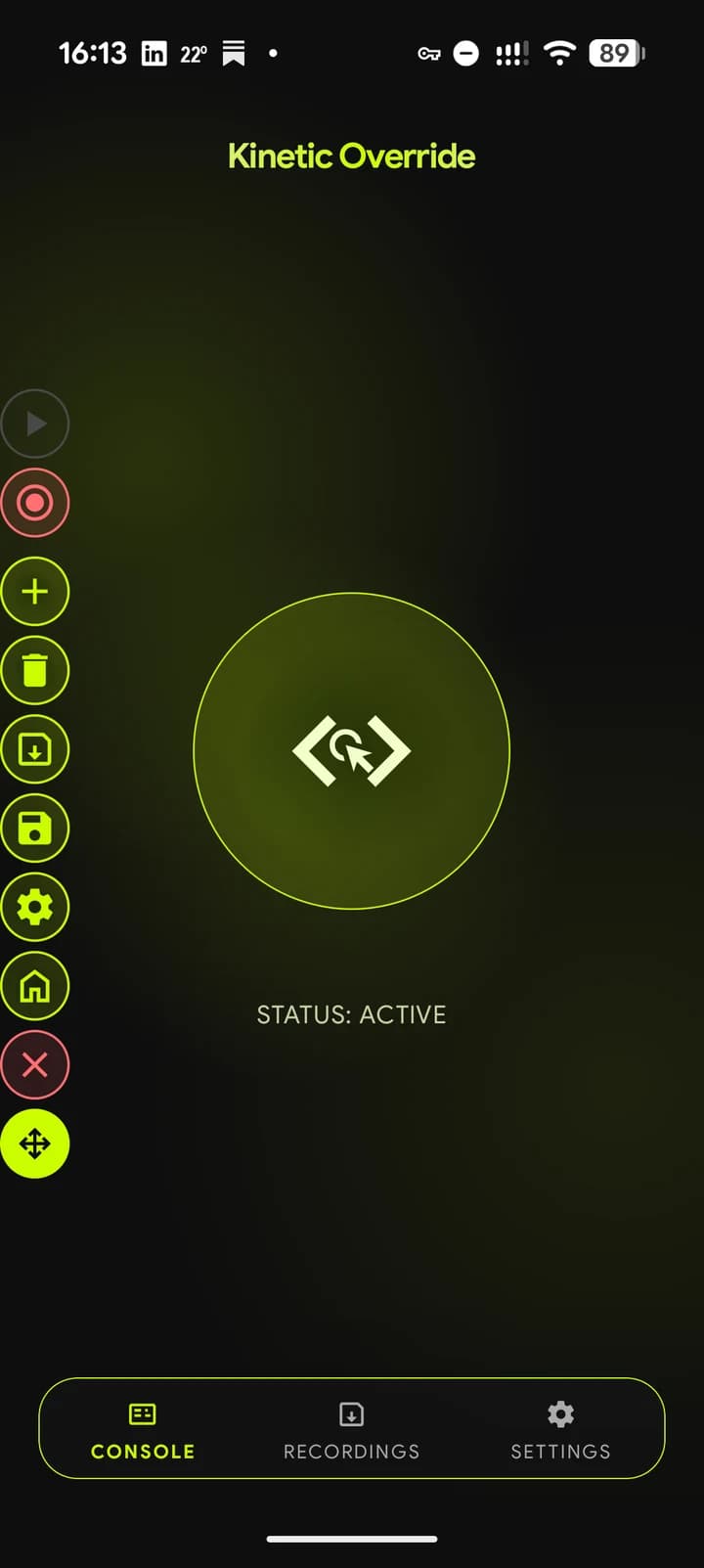 Kinetic Override running its floating Console — the control rail and gesture target overlaid on the screen