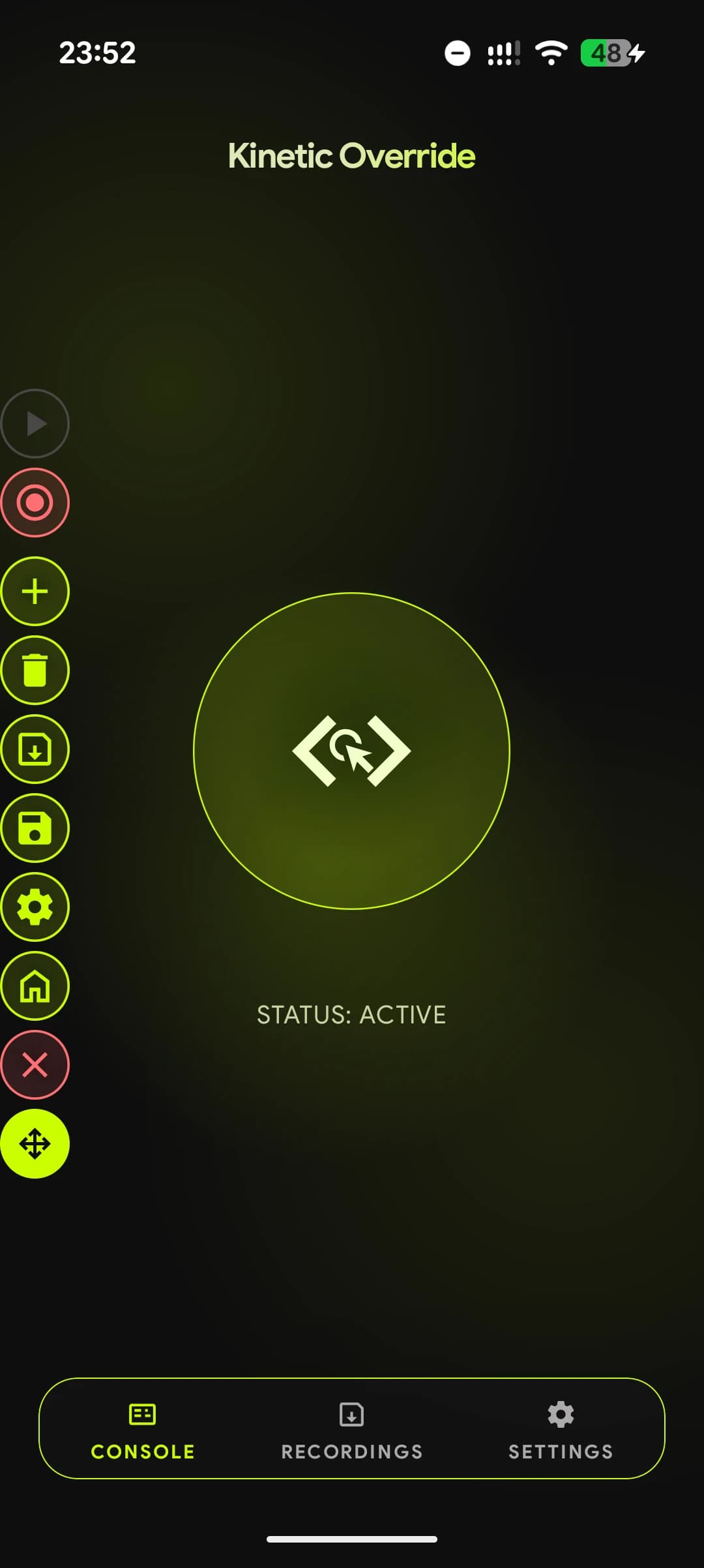 Kinetic Override running its floating Console — the control rail and gesture target overlaid on the screen